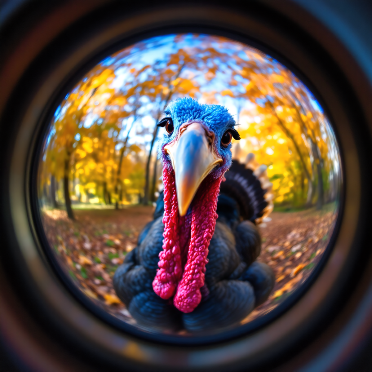 This is a picture of a turkey looking into a fisheye lens