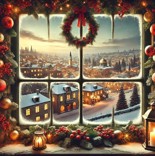 This is an AI generated Image of a window decorated for Christmas with a wreath, looking out over the town of Bethlehem