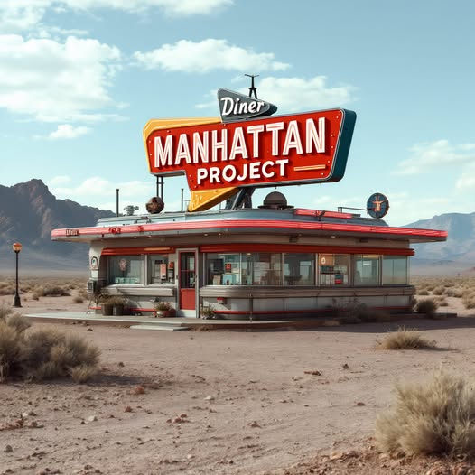 This is an AI generated picture of an old-fashioned restaurant named Manhattan Project in the middle of the desert