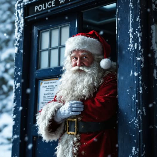 Santa Clause is coming out of a blue police box, TARDIS